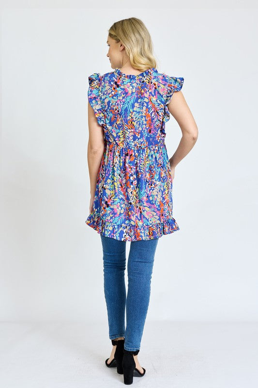 Ruffle floral leaf woven tunic top