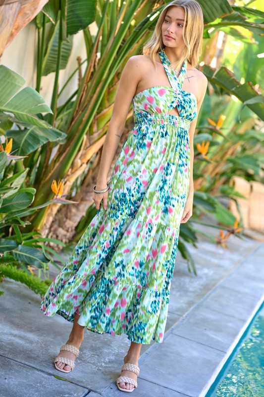 Printed Smocked Ruffle Maxi Dress