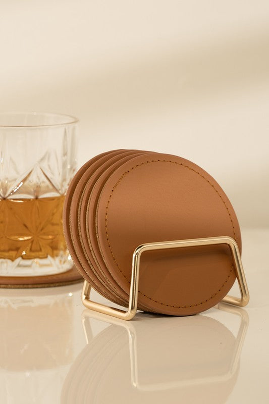 6 Round PU Leather Coasters Set